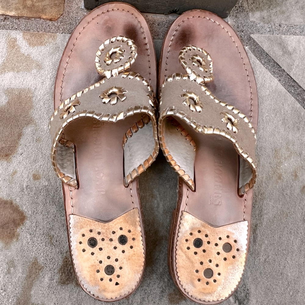 Jack Rogers "Navajo" Tan Canvas /Gold Whipstich Thong Sandals